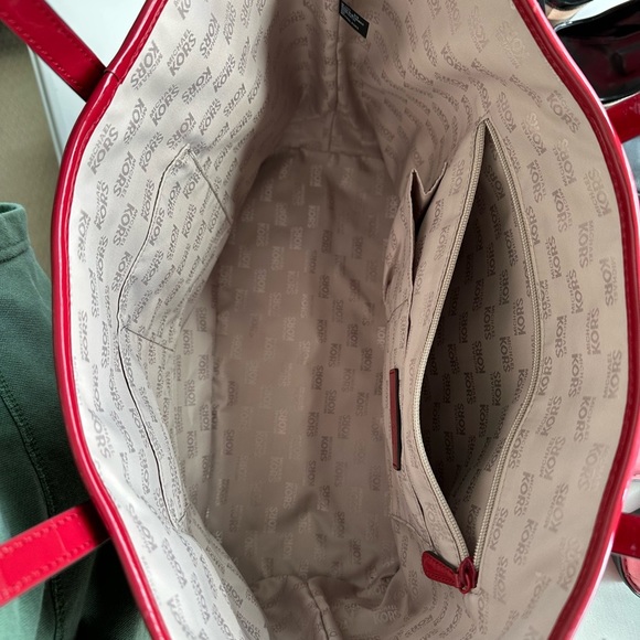 Michael Michael Kors Red Embossed Logo Scuba Fabric Patent Strap Large Tote Bag - Picture 10 of 12